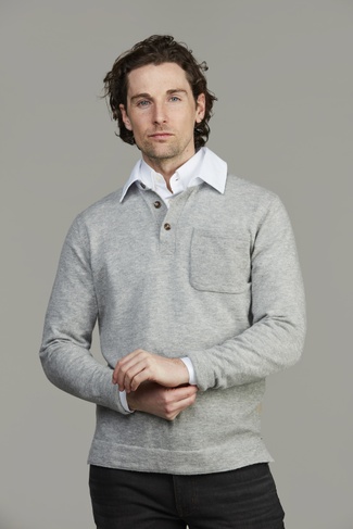 Geelong Rugger Style Knit, Striped Back LIGHT GREY