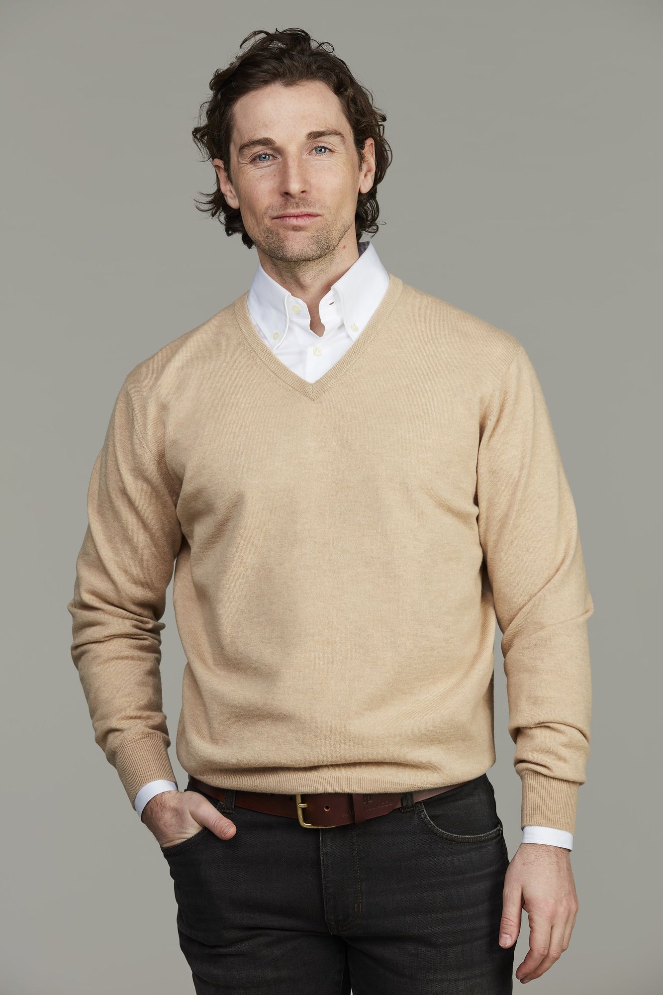 Geelong V-neck Sweater, Beige, S, Hansen & Jacob – S