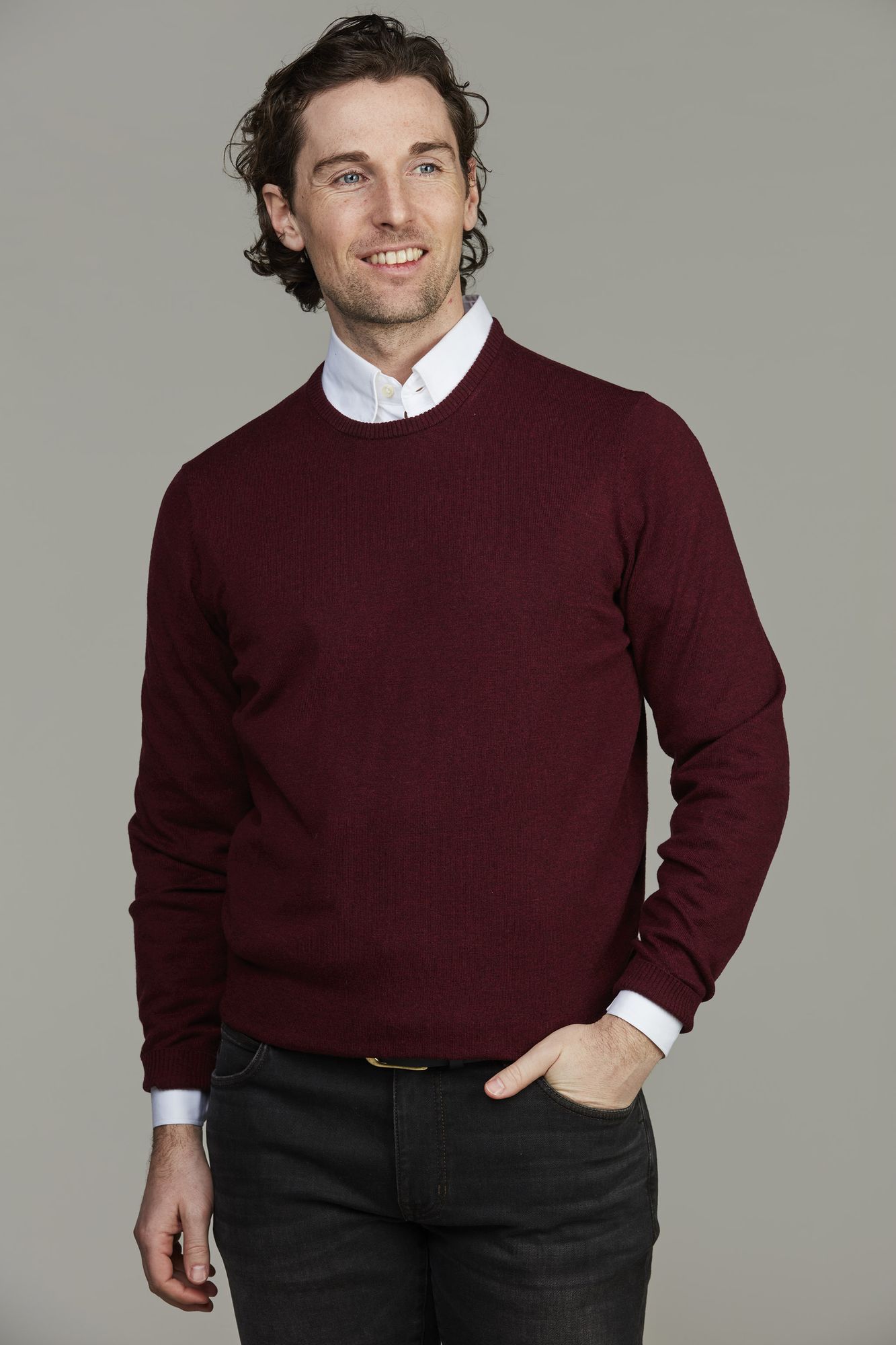 Crew Neck Sweater, Mörk Röd, L, Hansen & Jacob – L
