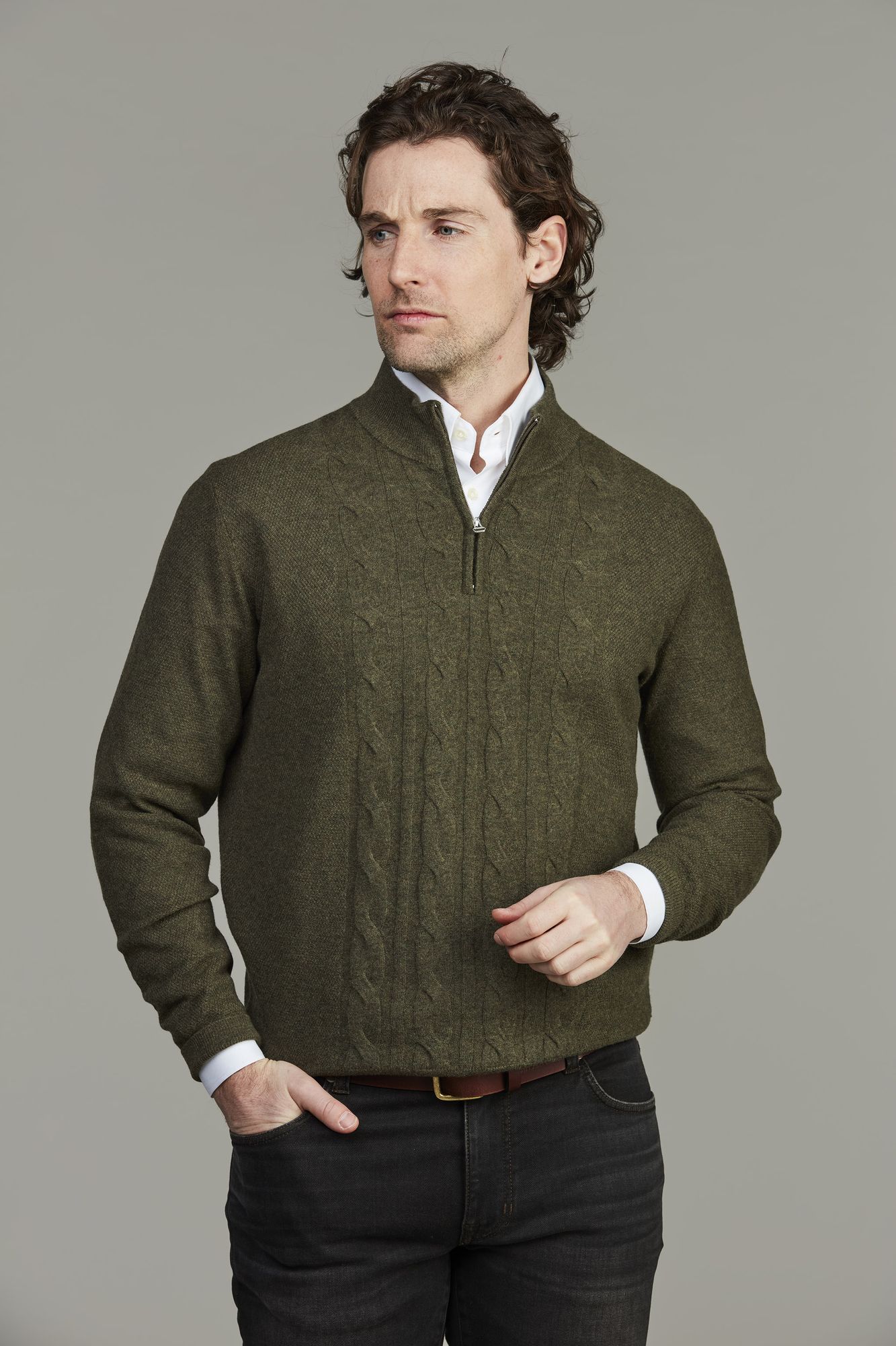 Kabelstickad tröja, Geelong Half Zip Cable Knit, Skogsgrön, XXL, Hansen & Jacob - XXL