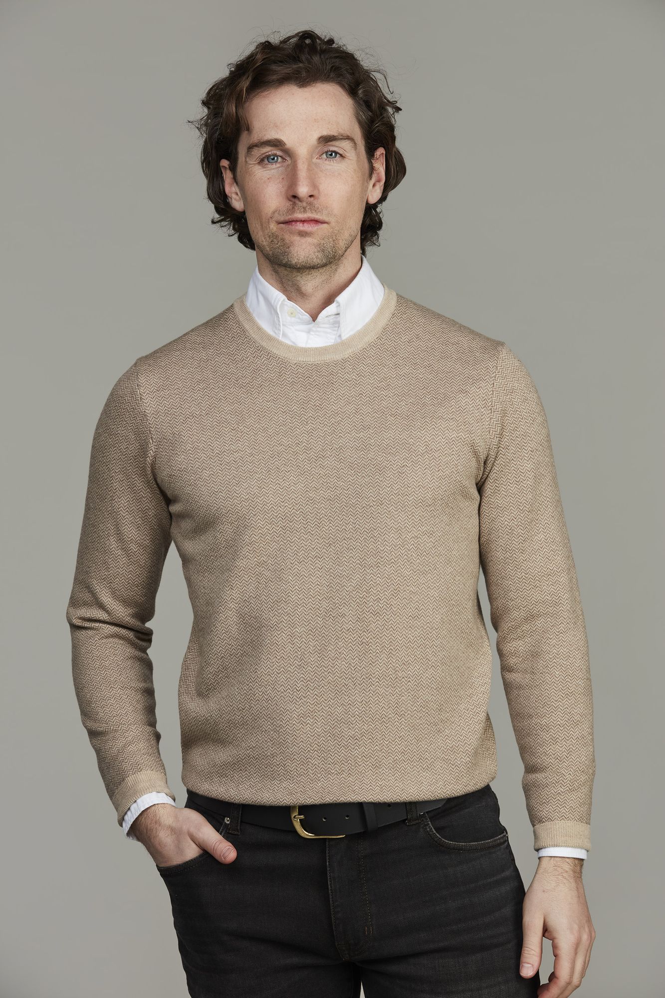 2tone Herringbone Knit, Crew Neck, Sand, XL, Hansen & Jacob - XL