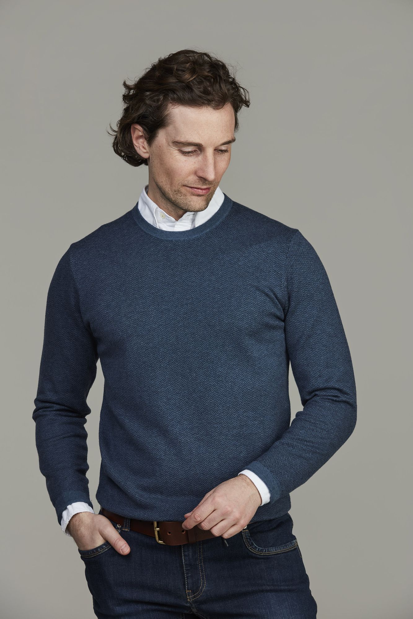 2tone Herringbone Knit, Crew Neck, Blå, S, Hansen & Jacob – S