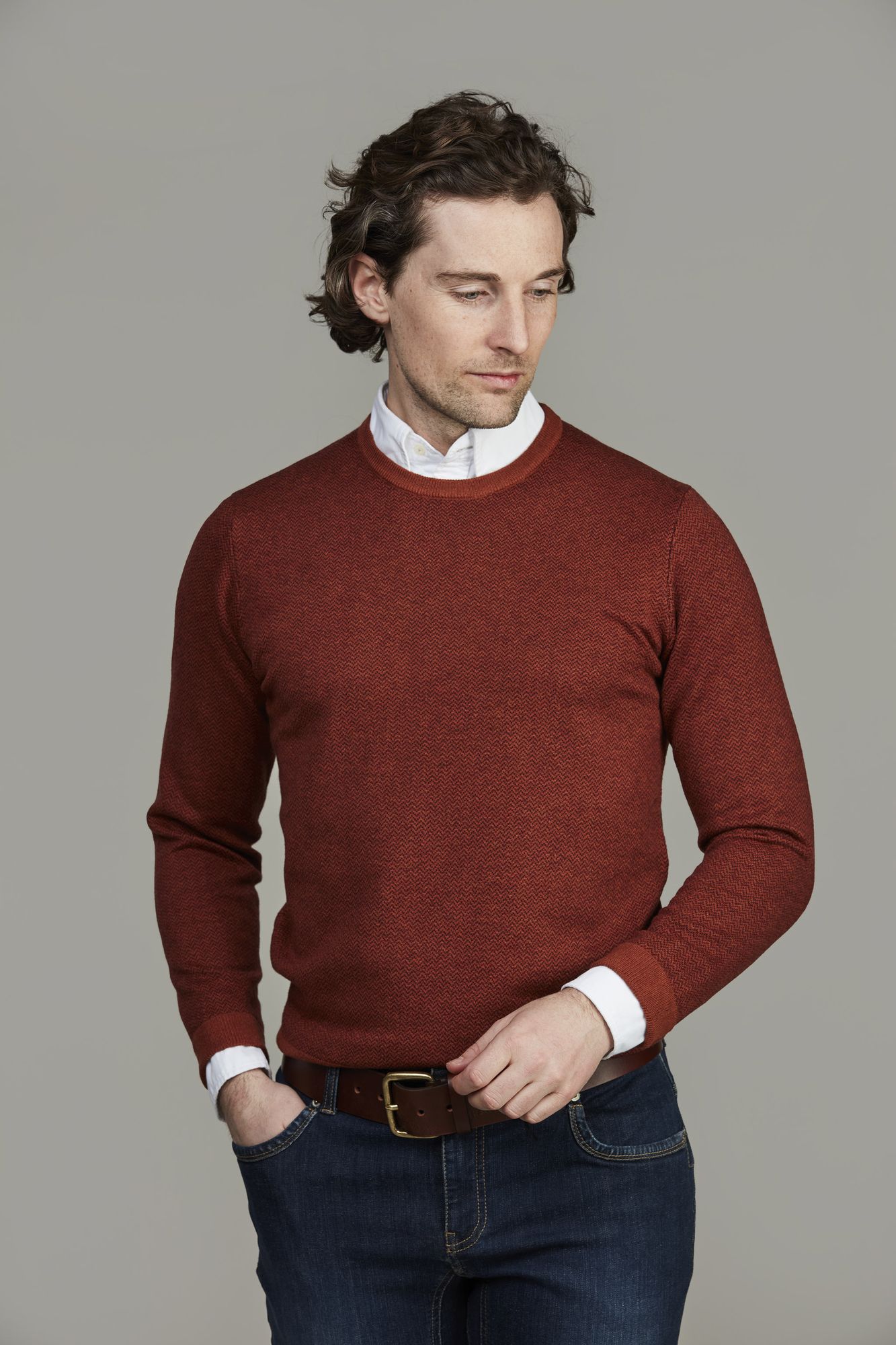 2tone Herringbone Knit, Crew Neck, Orange, S, Hansen & Jacob – S