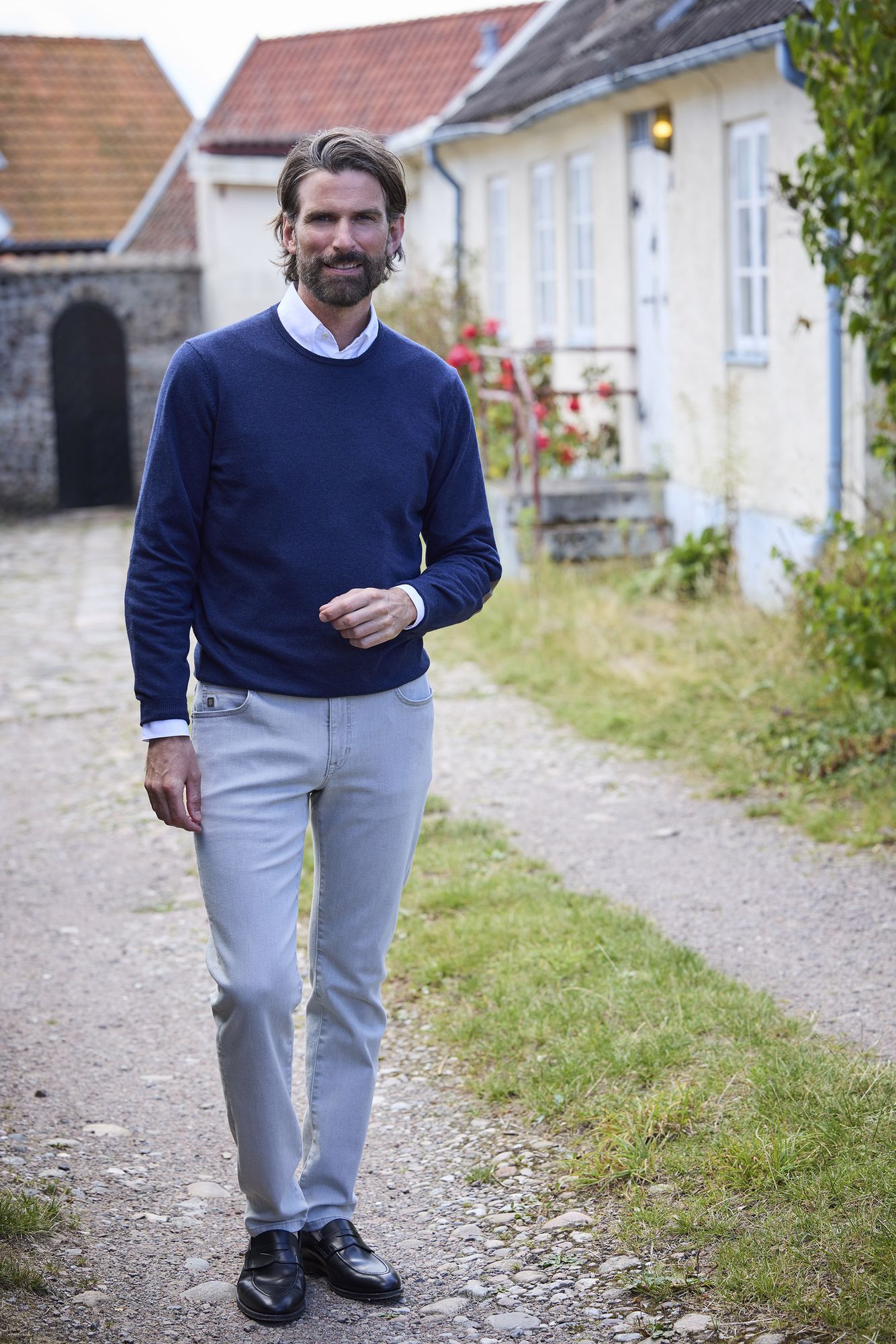 Crew Neck Knit E-patch, Marinblå, S, Hansen & Jacob – S