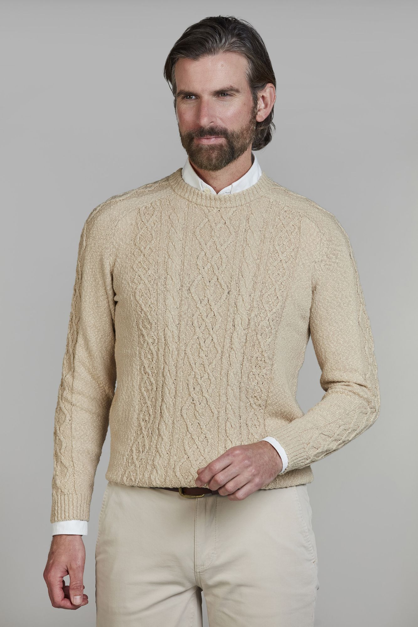 Kabelstickad tröja, Crew Neck Cable Knit, Sand, M, Hansen & Jacob - M