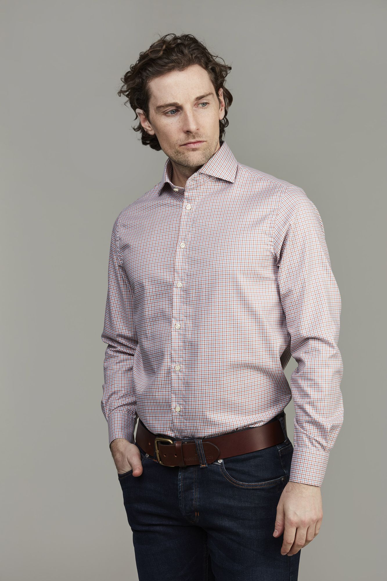 Skjorta, Small Check Shirt, Orange, L, Hansen & Jacob – L