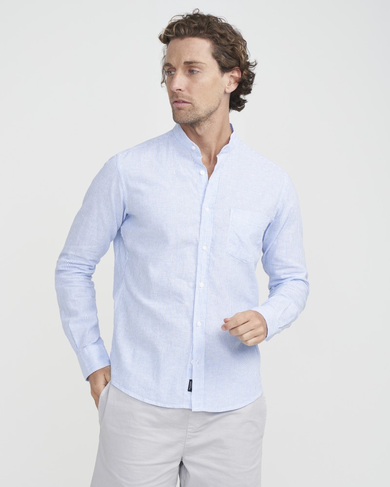 Dag Collarless Shirt Blue/White (stripe)