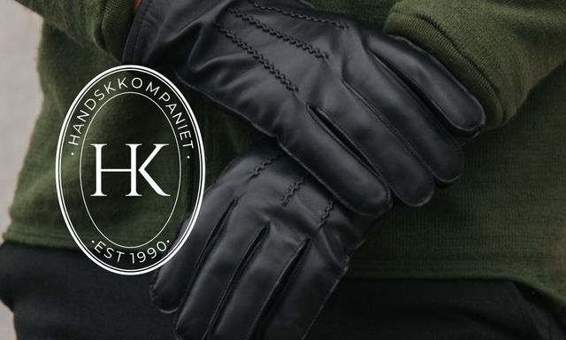 svarte skinn hansker mann. logo handskkompaniet
