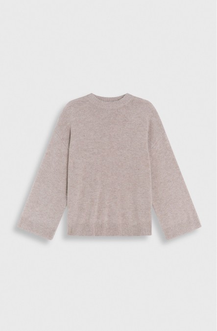 Beige neulepusero naisille, pyöreä pääntie