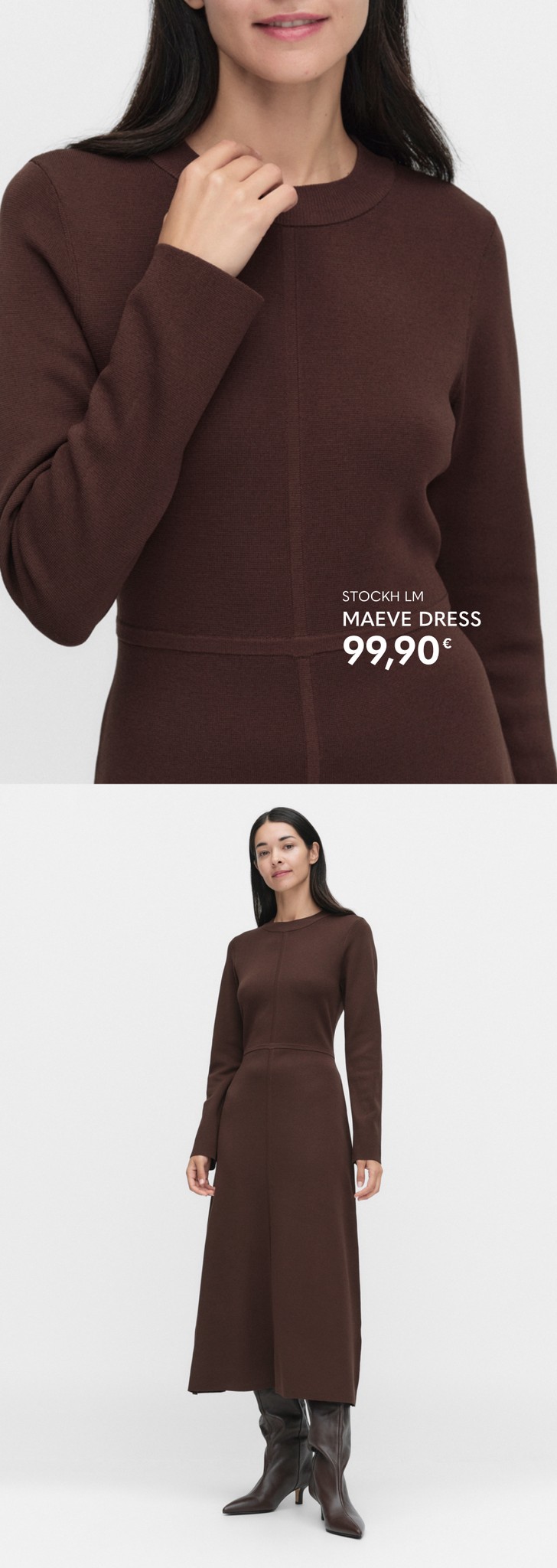 Ruskea pitkä neulemekko, jossa on pitkät hihat ja istuva vyötärö.