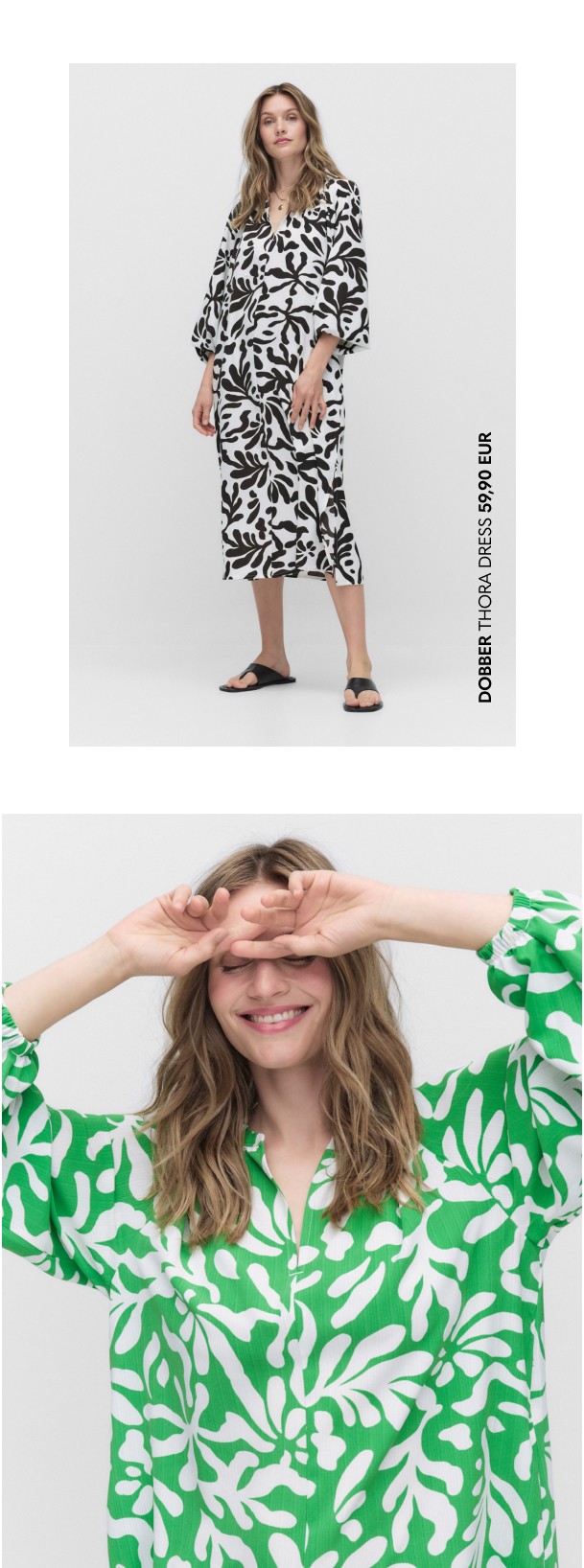 Dobber-merkin ilmavat kesämekot, joissa on kuvioita ja puolipitkät hihat.