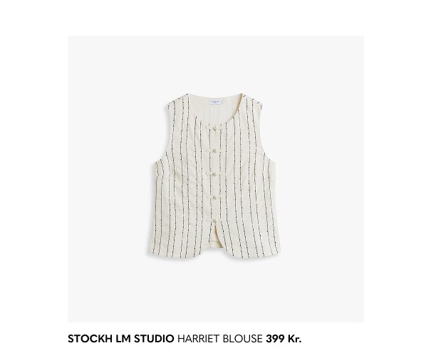 Ærmeløs bluse ‘Harriet’ fra MQ Marqet fra Stockholm Studio i hør- og viskosemix med finstribet struktur og diskrete pailletter. Lige, afslappet pasform med knapper foran.
