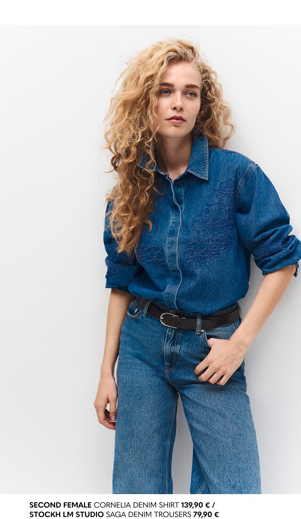 Naisten denimpaita. Hienot yksityiskohdat edessä.