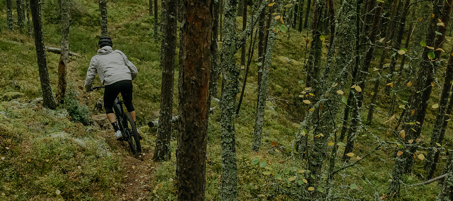 Valkotakkinen pyöräilijä ajaa Cube-maastopyörällä pienellä metsäpolulla.