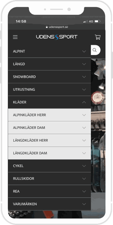 Udens Sport-verkkokaupan mobiilimenu